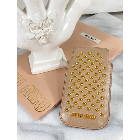 Miu Miu | Accessories | Miu Miu Gold Studded Lambskin Card Holder | Poshmark